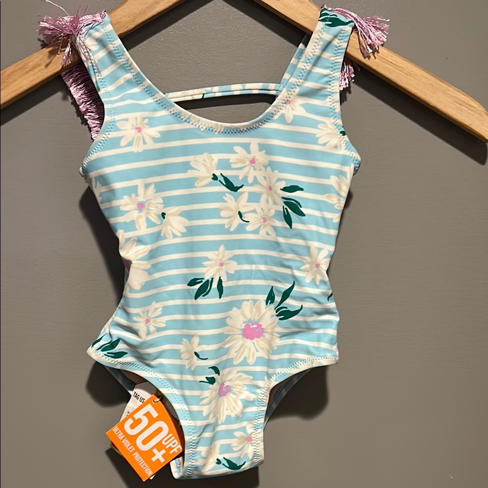 Charming Blue and White One Piece Swimsuit with Floral Accents